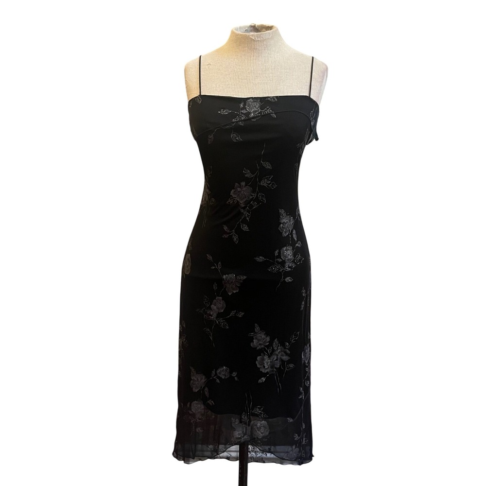 Byer Too Vintage 90s Black Midi Dress Glitter Floral Mesh Small Whimsigoth